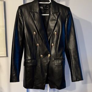 Zara Black Double-Breasted Leather Blazer